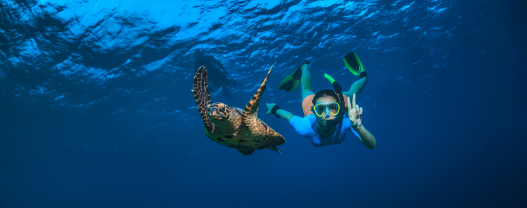 girl underwater with turtle