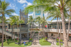 Panorama view of the new Ala Moana Shopping Center with a cloudscape background.