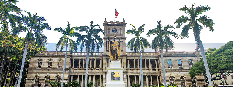 palace in hawaii with king statue