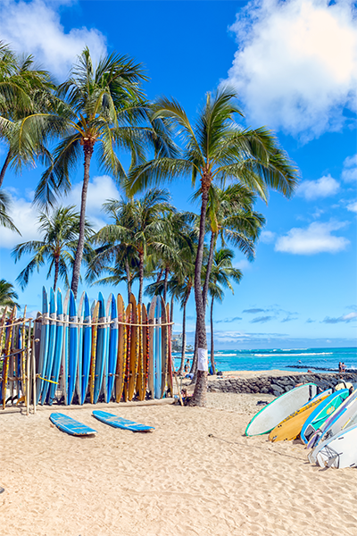waikiki beach with surfboards